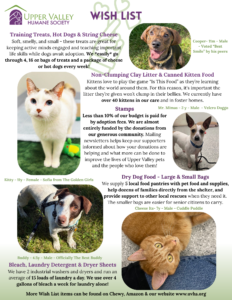 UVHS wish list: training treats, hot dogs, string cheese, non-clumping clay litter, canned kitten food, stamps, dry dog food (for large & small dogs), bleach, laundry detergent, & dryer sheets.